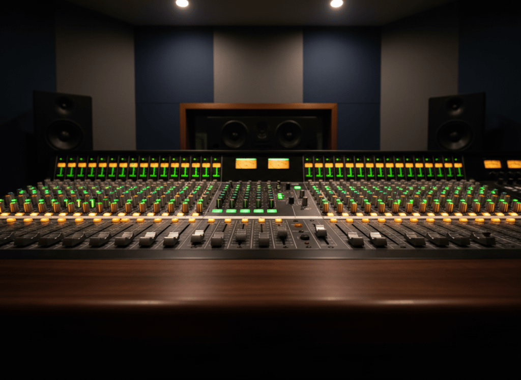 A sleek, high-end studio mixing console dominates the frame, its brushed black metal surface scattered with illuminated knobs, faders, and LED meters glowing in precise shades of green and amber. The console rests on a dark walnut desk with a subtle satin finish, surrounded by acoustic panels in deep charcoal and midnight blue. Soft, focused overhead studio lighting creates gentle reflections on the hardware and a halo of light across the controls, leaving the room’s edges in tasteful shadow. Shot at eye level with a shallow depth of field, the central master fader is in crisp focus while the surrounding gear falls into a sophisticated blur. The atmosphere is refined, technical, and meticulously controlled, emphasizing precision and sonic depth in photographic realism.